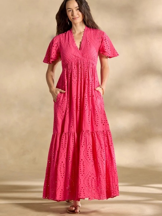 Sundance Dresses & Skirts - Sundance Juno Eyelet Maxi Dress Pink Pockets Elastic Waist Flutter Sleeves Large